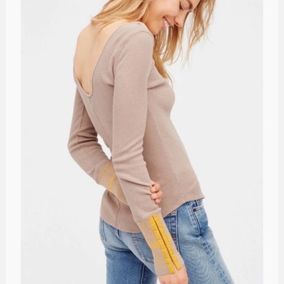 FP |  WTF Taupe Thermal Striped Cuffs Scoop Neck Keyhole Boho Long Sleeve Shirt - Picture 5 of 14